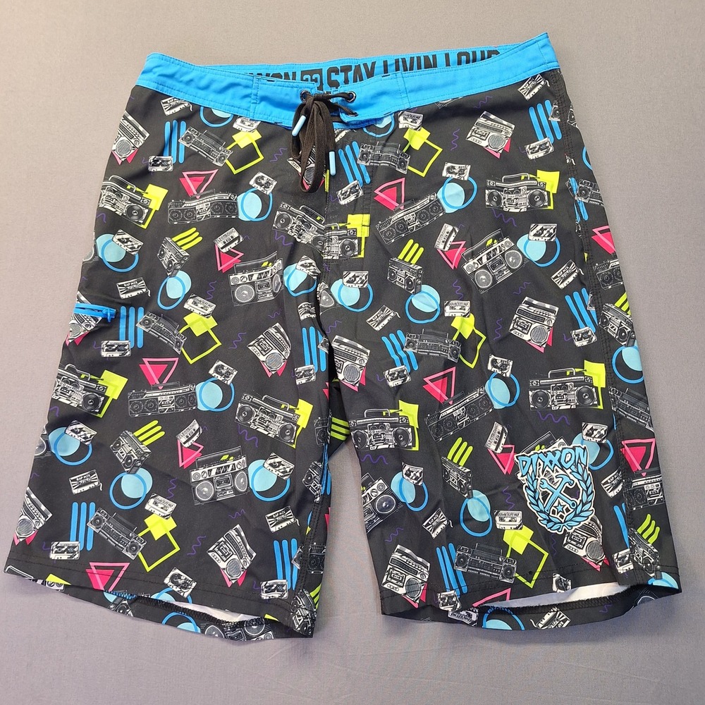 Dixxon Mens Retro 80s Boombox Cassette Board Shorts Black Blue Size 32